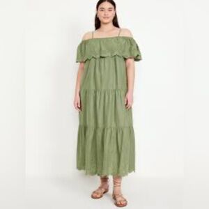 Old Navy Women Size Large Dress Green Cotton Cold Shoulder Maxi Swing